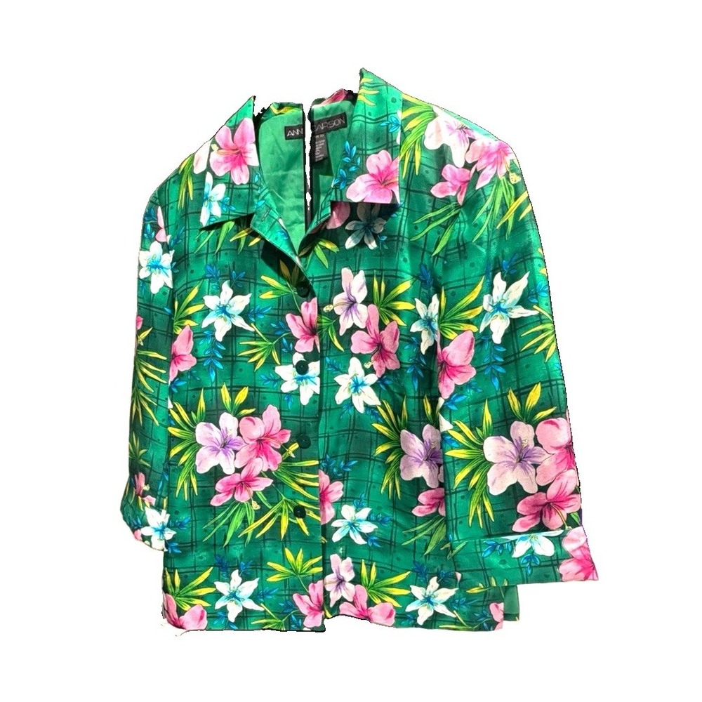 Anne Carson Women's L 100% Silk Blazer Jacket Tropical Floral Green Vintage